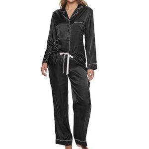 Women's Apt. 9® Satin Shirt & Pants Pajama Set Black Floral Offset W/Pinstripes